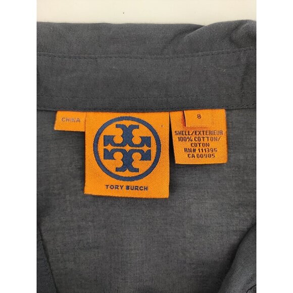 Tory Burch Brigitte Roll Tab Navy Blue Cotton Blouse Size 8 - Picture 3 of 11